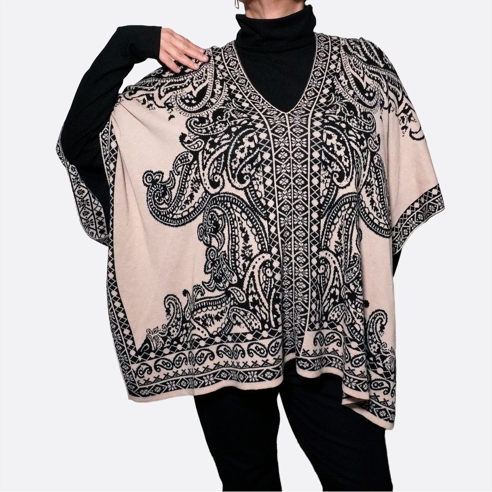 Flying Tomato Boho Chic XL 1X 2X 3X Paisley Knit Poncho Sweater Beige Black